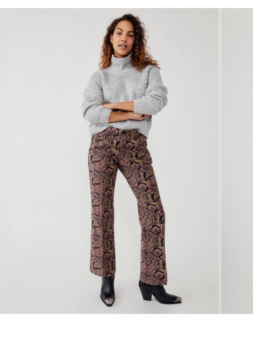 Free People Walker Relaxed Jacquard Paisley Flare Leg Hight Rise Pants